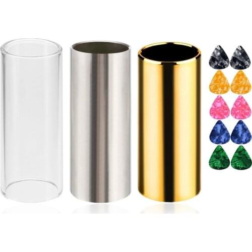 Guitar Slide, Set of 1 Glass Slide,1 Steel Slide and 1 Brass Guitar Slide, Bonus 10 Pcs Guitar Picks,Guitar Accessories