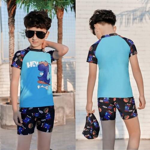 TELOTUNY Swimwear Children Boys Cartoon Dinosaur Short Sleeve Shorts Swimming cap Three-Piece Swimsuit Beach Bathing Suit 1-13Y