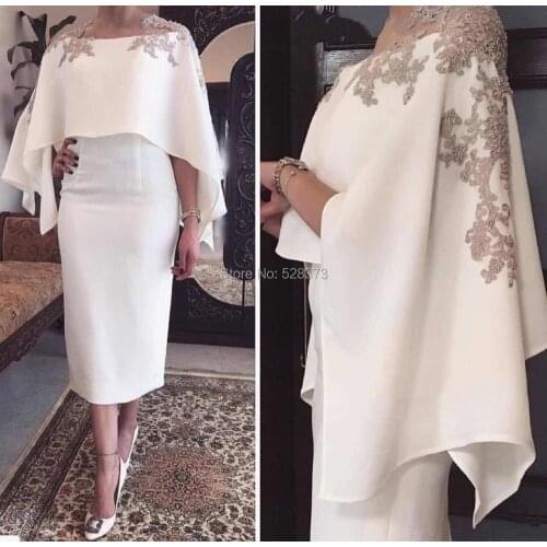 YNQNFS MD120 Elegant Illusion Boat Neck White Mother of the Bride/Groom Dresses With Cape Cloak Sleeves Outfits Tea Length 2019