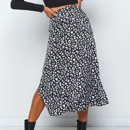 Womens Casual Chiffon Split Skirt High Waist Mid-Length Leopard Print Summer Long Skirt Slit