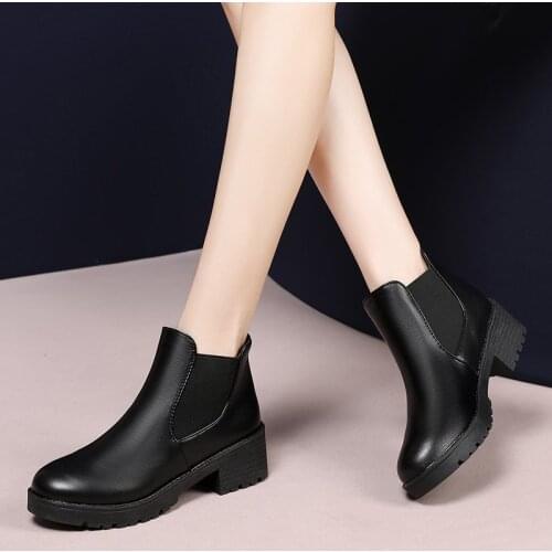Women Pu Leather Ankle Boots Ladies Elastic Band Stretch Fabric Shoes Black Boots Square Heel Non-slip Snow Boots Platform Shoe