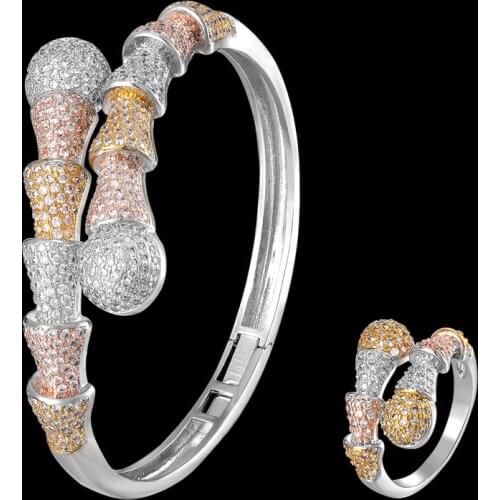 Zlxgirl jewelry fashion womens size full round mirco paved zirconia wedding bangle and ring jewelry sets African Dubai bracelet
