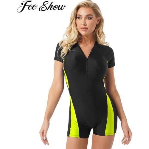 Women Pads Swimsuit One-piece Swimwear Jumpsuit Stand Collar Front Zipper Swim Bodysuit Athletic Surfing Bathing Suit Beachwear