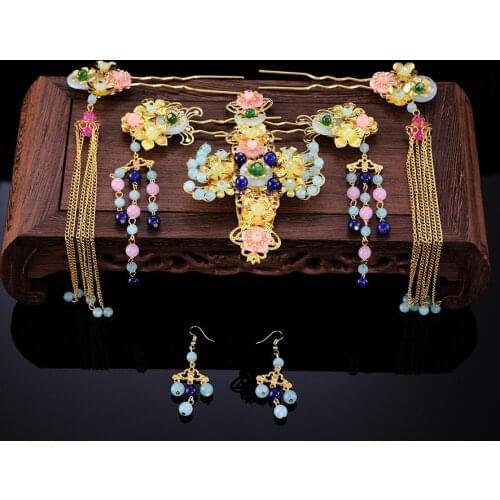 Gold alloy Chinese Brides antique headdress hair stick hairpin Phoenix crown bride hair jewelry