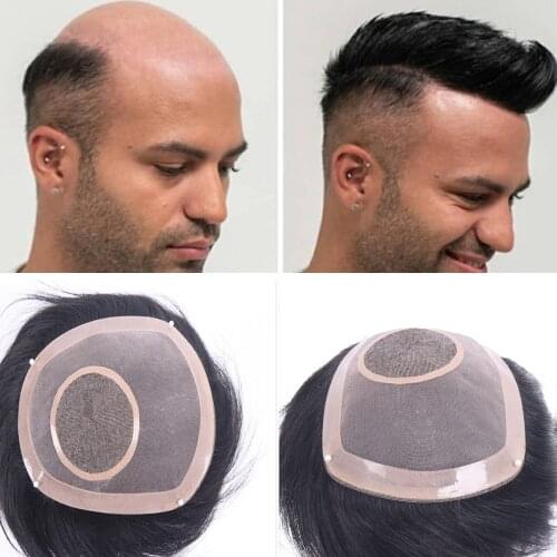 6*8 7*9 Silk top +FINE MONO 6 Inches Indian Hair Prosthesis 130% Density Mens Hair Systems Durable Men Toupee