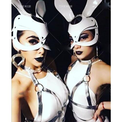 Hollow high fork Siamese gogo costumes Nightclub rabbit ears white leather mask