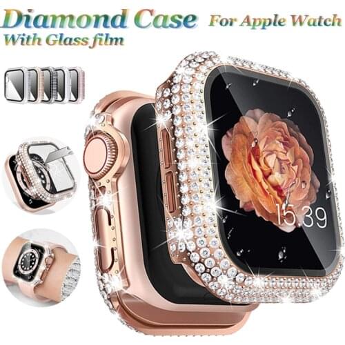Watch Case +Tempered Glass for Apple Watch Cases 44mm 38mm 40mm 42mm Full Rhinstone Bumper for iWatch Series 6 SE 5 4 3 2 Cover