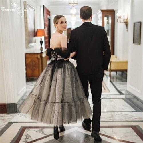 Boho Black Wedding Dresses Short 2021 Off the Shoulder Ankle Length Bohemian Bridal Gowns Bride Reception Dress Robe De Mariee