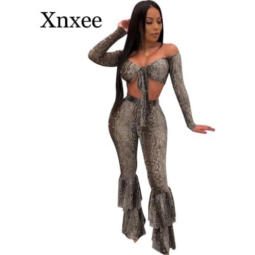 Sexy Snake Print Two Piece Set Women Fall Festival Long Sleeve Crop Top and Flare Pants 2 Piece Club Outfits Conjunto Feminino