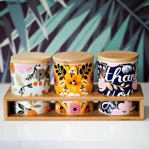 Creative Household Ceramic Storage Jar Wooden Lid Snack Storage Box Grain Coffee Sealed Jar Kitchen Supplies Cereal Dispenser
