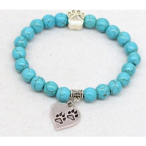 Hot Selling Natural Stone Mala Bead Heart Bracelet Pitbull Dog Hand Paw 8mm Elastic Rope Yoga Bracelet Men Women Fashion Jewelry