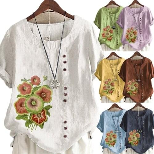 New Summer Fashion Flowers Printed Linen T-shirt Ladies Short Sleeve O-neck Blouse Womens Loose Tops Plus Size