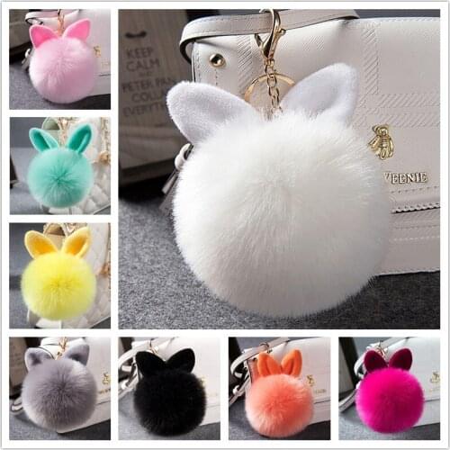2020 new exquisite cute rabbit ears fluffy plush ball keychain key ring rabbit ladies bag plush pendant car gift ornaments