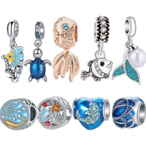 New Fish Tortoise Blue Ocean Beads Fit Original Pandora Charms Bracelet Bead Jewelry Making for Women