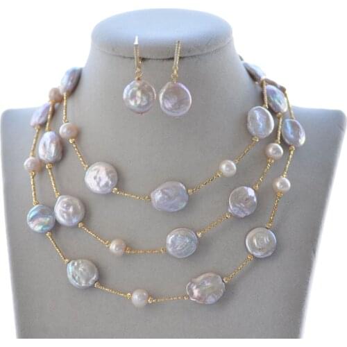 P7559 45" 15mm Lavender Coin & Pink Round Freshwater Pearl Necklace & Earring