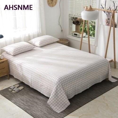 AHSNME 100% Cotton sheets Special Wrinkle Craft Super Soft White plus red grid Cool Summer Simple Flat sheets 240x250/245x270cm