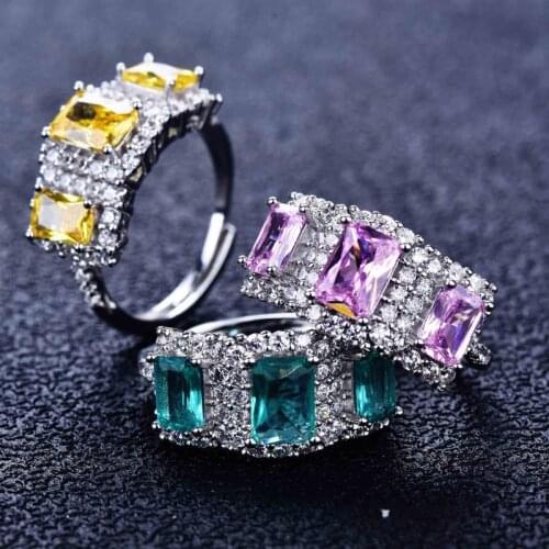 Bohemian Vintage Finger Rings Square Pink Yellow/Green Cubic Zircon Jewelry Womens Wedding Engagement Eternity Ring Gift