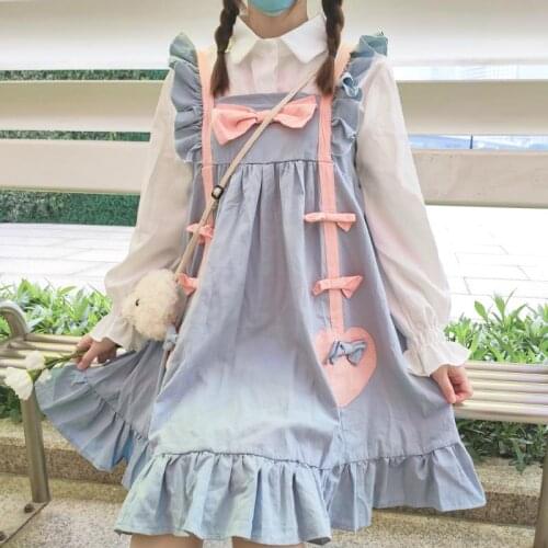2020 Pink Blue Bow Ruffle Dress Women Cute Clothes Summer Soft Girl College Kawaii Princess Dresses Teen Lolita Vintage Overalls