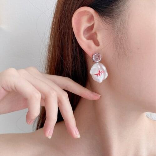 U-Magical French Irregular Baroque Freshwater Pearl Dangle Earring for Women Cubic Zircon Red Hand Painted Earring Jewelry