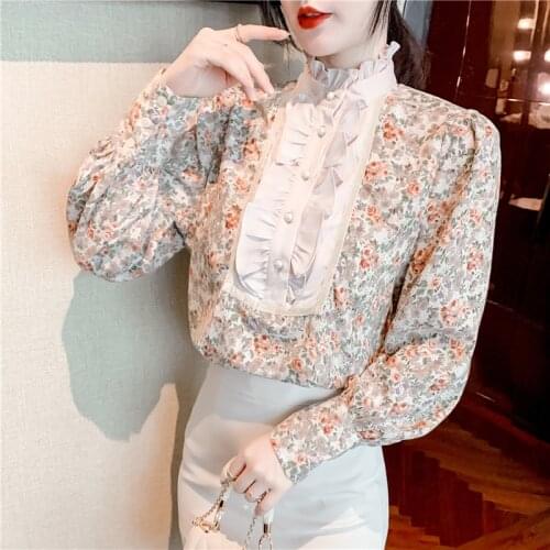 Vintage Lolita French Palace Shirt Blouse Women Long Sleeve Stand Collar Elegant Female Gothic Print Party Victorian Streetwear