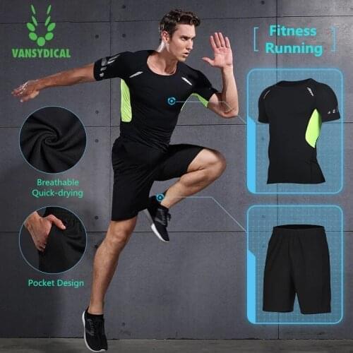 Vansydical Running Sets Sports Suit Mens Compression Tights Men Fitness Shirt Shorts Set Workout Tracksuits Gym Sportswear Suits
