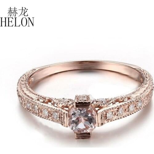 HELON Solid 14K Rose Gold Round 5.5mm Natural Morganite Diamonds Vintage Trendy Fine Jewelry Engagement Wedding Gemstone Ring