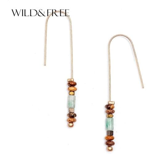 WILD & FREE Women Colorful Stone Bead Pendant Dangle Earrings Vintage Gold Hook Long Drop Earrings Jewelry for Lover Gift