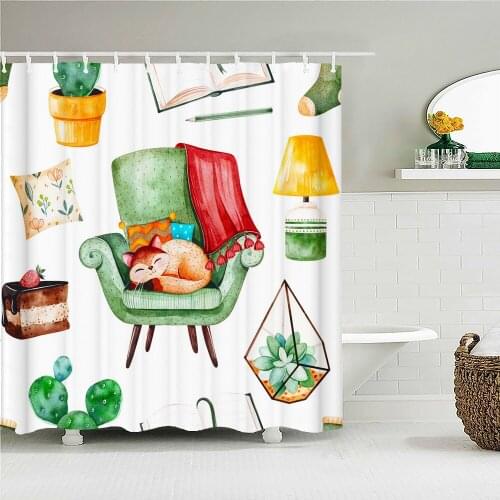 Green Plant Small Fresh Cactus Shower Curtain Bathroom Waterproof Polyester Multi-size 3D Printing Curtains for Bathroom Shower