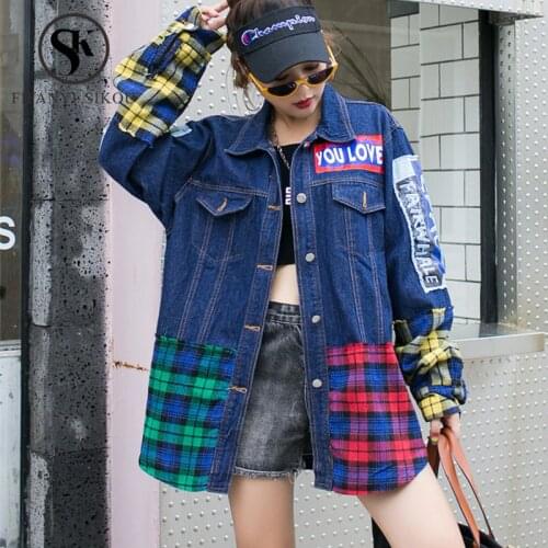 2019 Fashion Jeans Jacket Women Plaid Patchwork Print Long sleeve Denim jacket Streetwear Spring Loose Hip hop Denim coat Female