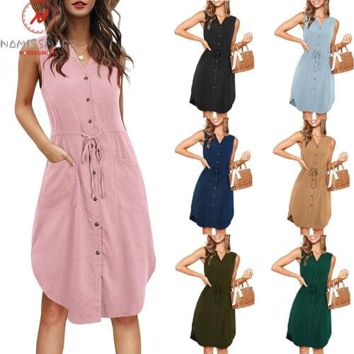 Women Summer Solid Color A-Line Dress Single-Breasted Design Drawstring Pockets Decor V-Neck Sleeveless Mid Waist Slim Dress