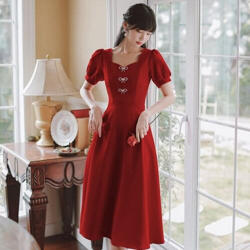 Red Temperament Square Neck Dress Women Summer 2021 French Chic Cute Bow Elegant Retro Puff Sleeve Dress Vestidos