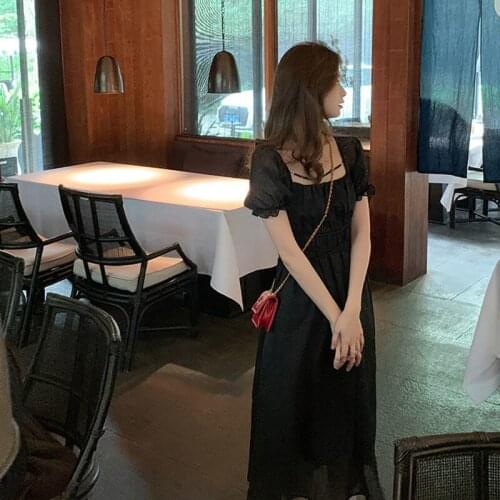 Bella 2021 new French Vintage Midi Dress Women Casual Square Collar Short Sleeve Elegant Dress Femae Summer Party Dress Korean