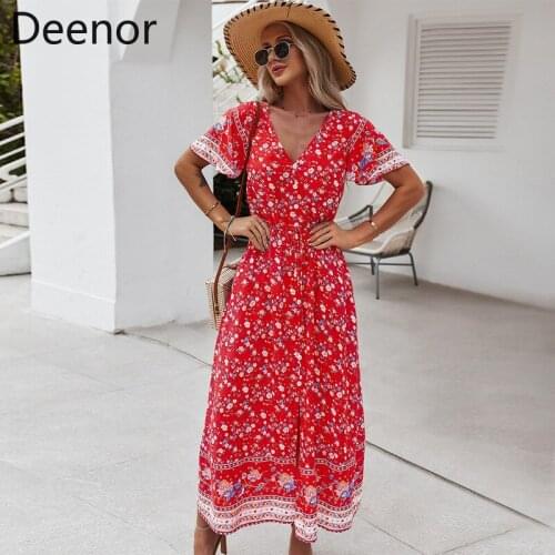 Deenor Women Dresses Summer 2021vintage Floral Print V Neck Boho Beach Dress Short Sleeve A Line Dress Wrap Sundress Robe