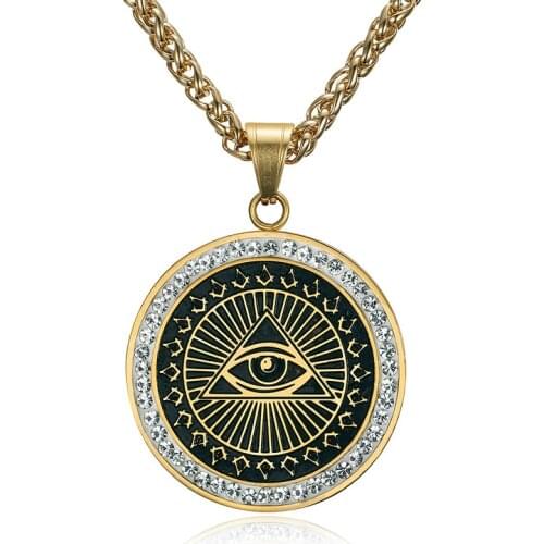 Gold color Iced Out Bling Eyes of Evil Pendant Necklace Women Men Stainless Steel The Eye of Horus G Masonic Necklace