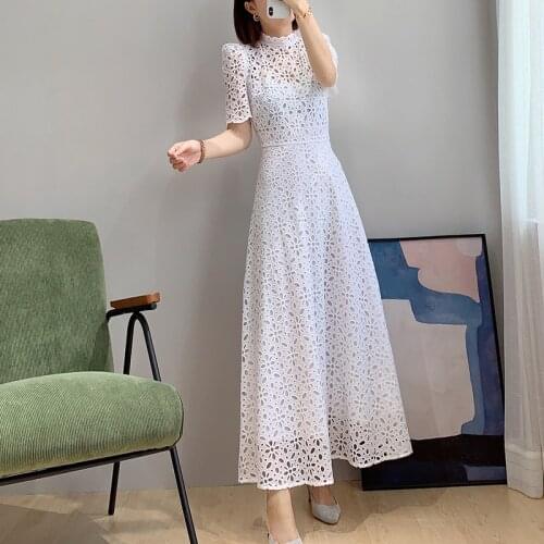 White Cotton Lace Embroidery Short Sleeve Long Dress UK6-UK16 Elegant UK Fashion