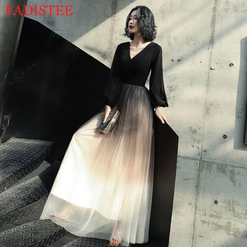 Black Chiffon V-neck Evening Dresses вечерние платья Suknie Wieczorowe Robe De Soirée Long Sleeves Prom Party Gown