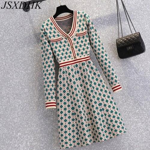 JSXDHK New Autumn Winter Plaid Green Knitted Dress Fashion Women V Neck Button Up Long Sleeve Ladies High Quality Sweater Dress