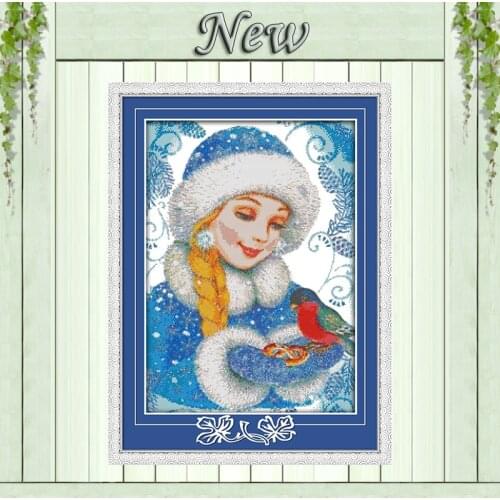 The blue-coated girl bird paintings counted printed on canvas DMC 14CT 11CT chinese Cross Stitch Needlework Sets Embroidery kits
