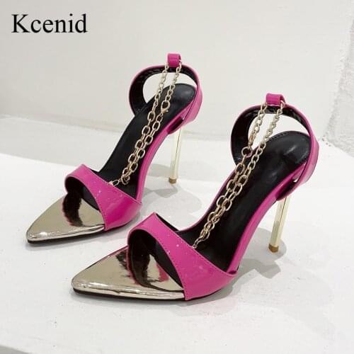 Kcenid 2021 New Summer Shoes Women Sexy Pointed Toe Metal High Heels Pumps Concise Ankle Chain Buckle Strap Ladies Sandals 35-42
