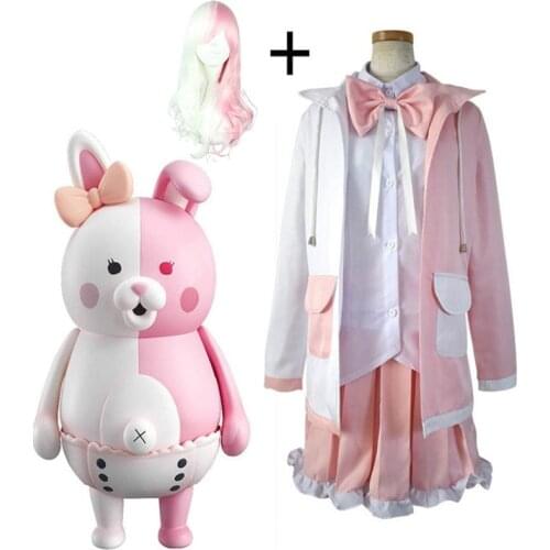 Danganronpa 2 Monomi Anthropomorphic Pink Rabbit Halloween Anime Cosplay Costume Uniform Set Full Wig Mixed Color Curly Hair