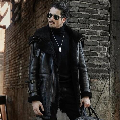 Mens Shearling Jacket Long Style B3 Flight Jacket Double Collar Design Leather Jacket Mans Sheepskin Aviator Fur Coat