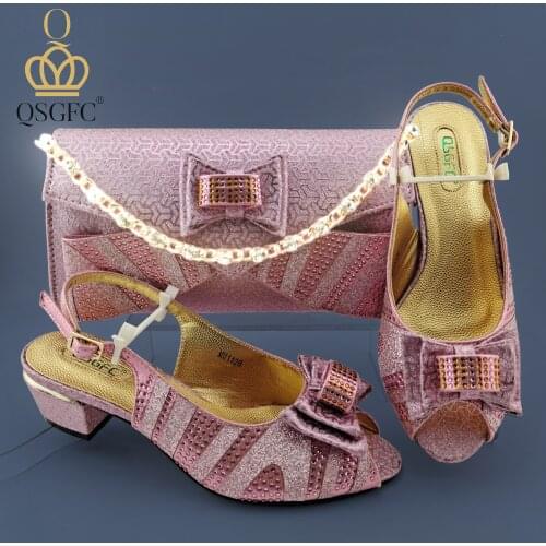 Latest Violet Women Party Italian design Shoe with Matching Bag for Women Ladies Shoes and Bag Set Decorated with Rhinestone