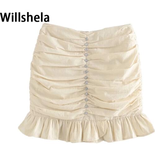 2020 New Women Skirt Draped Faux Jewelry Button High-waisted Mini Skirt Ruching detail Ruffled Hem Back zip closure skirts