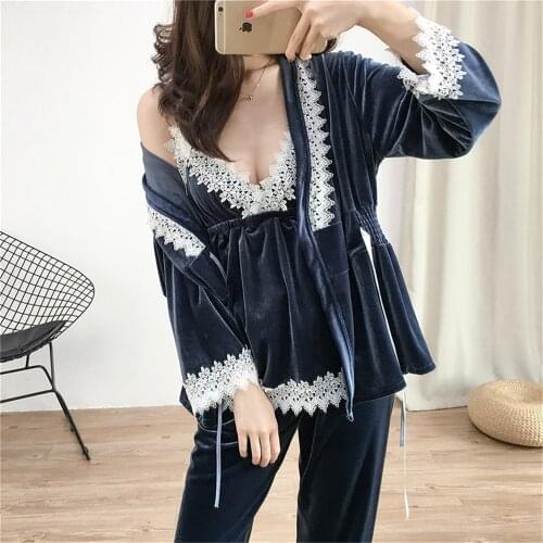 Pajamas Three-piece Korean Fashion Lace Elegantcasual Suit Ladies Robe De Chambre Femme Home Wear Can Be Worn Outside the Home