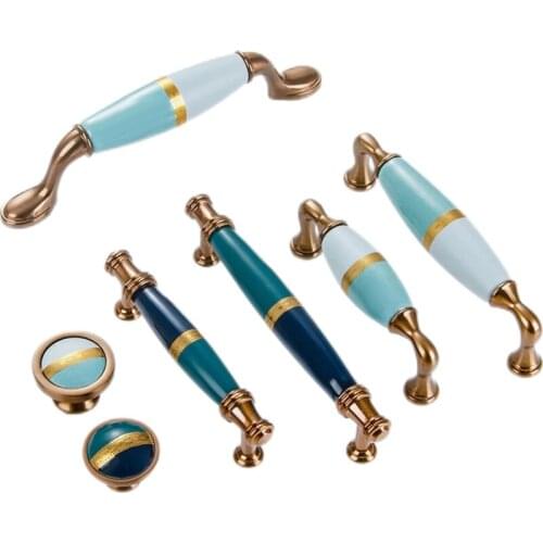 American wardrobe handle door light luxury golden European style handle kitchen cabinet drawer Blue ceramic furniture handle