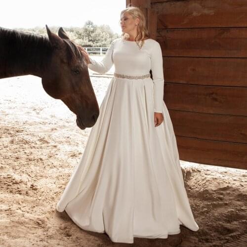 Modest Satin Wedding Dress Elegant Long Sleeves O Neck Simple Bride Gown Sweep Train Beading Belt Bridal Dresses