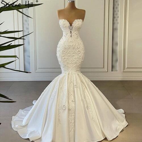 Serene Hill Ivory Mermaid Elegant Wedding Dresses Gowns 2021 Satin Beaded Pearls High-end Bridal Dress HA2508