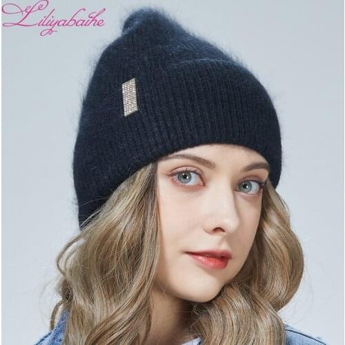 Liliyabaihe Autumn Winter Hat Women Angora Knitted Hat Lapel Warm Vertical diamond decoration 8 candy colors For Girls