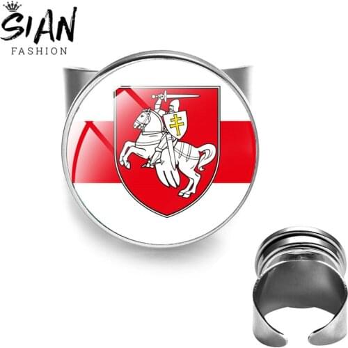 SIAN Vintage Republic of Belarus Rings Belarusian White Knight Art Photo Glass Cabochon Metal Open Ring Gifts For Military fans