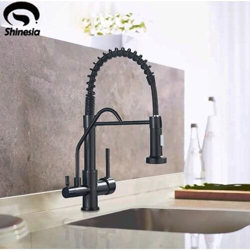 Shinsia Finish Dual Spout Kitchen Sink Faucet Deck Mount Spring Kitchen Mixer Tap Pure Water Kitchen Hot and Cold Water tap